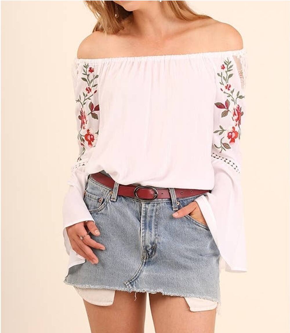 Umgee Off Shoulder Top Size M White Boho Embroidered Lace Bell Sleeves Blouse